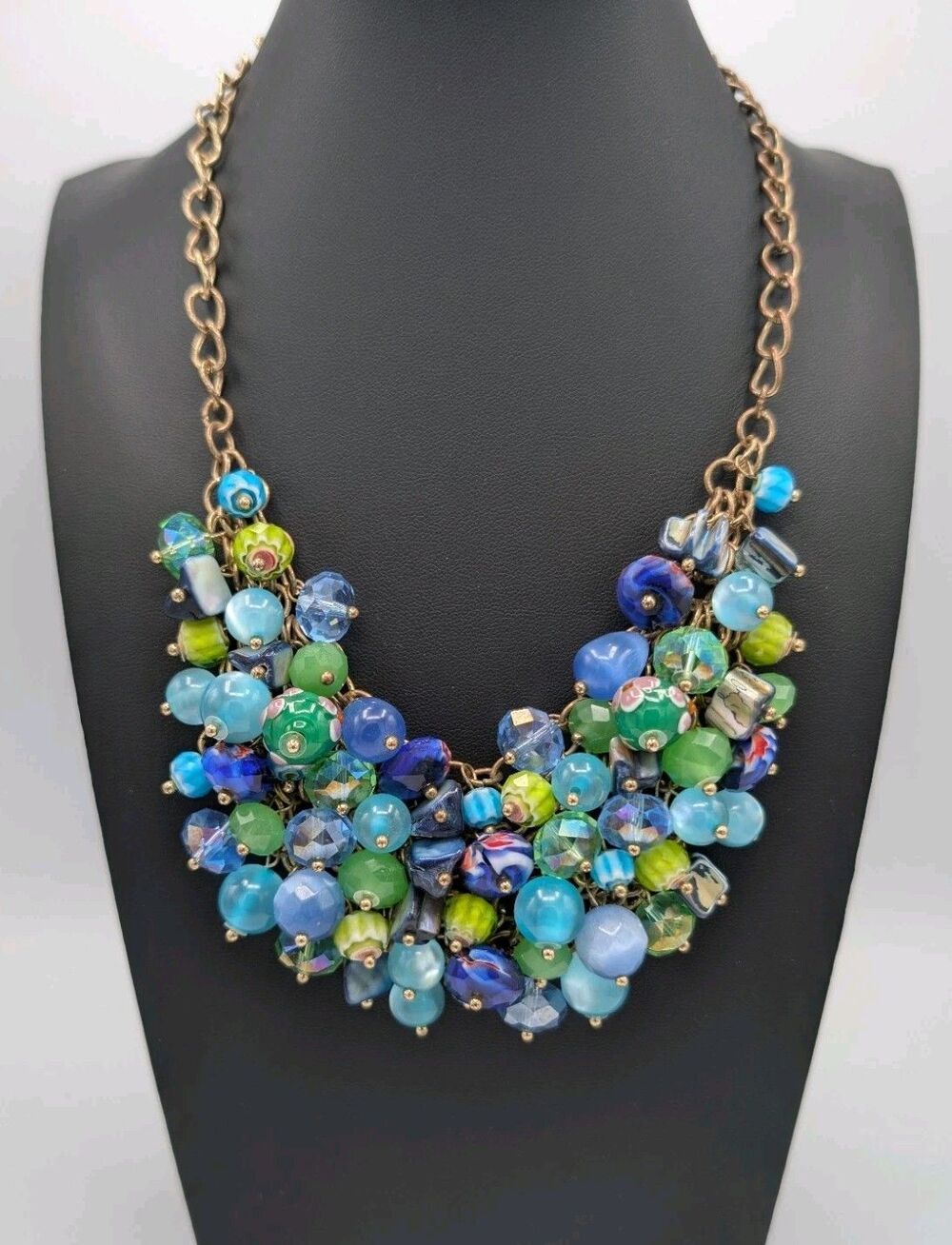 Chunky Overloaded Glass Bead Murano Bib Chainmail Statement Necklace Maximalist